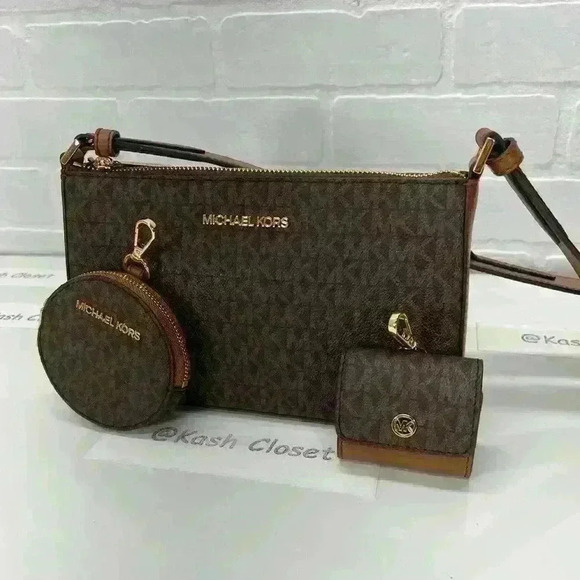 Michael Kors Crossbody Tech Attach Small Jet Set Travel MK Signature Brown - Picture 3 of 12